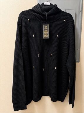 SD Collection Black Turtleneck Sweater with Bead Embellishments